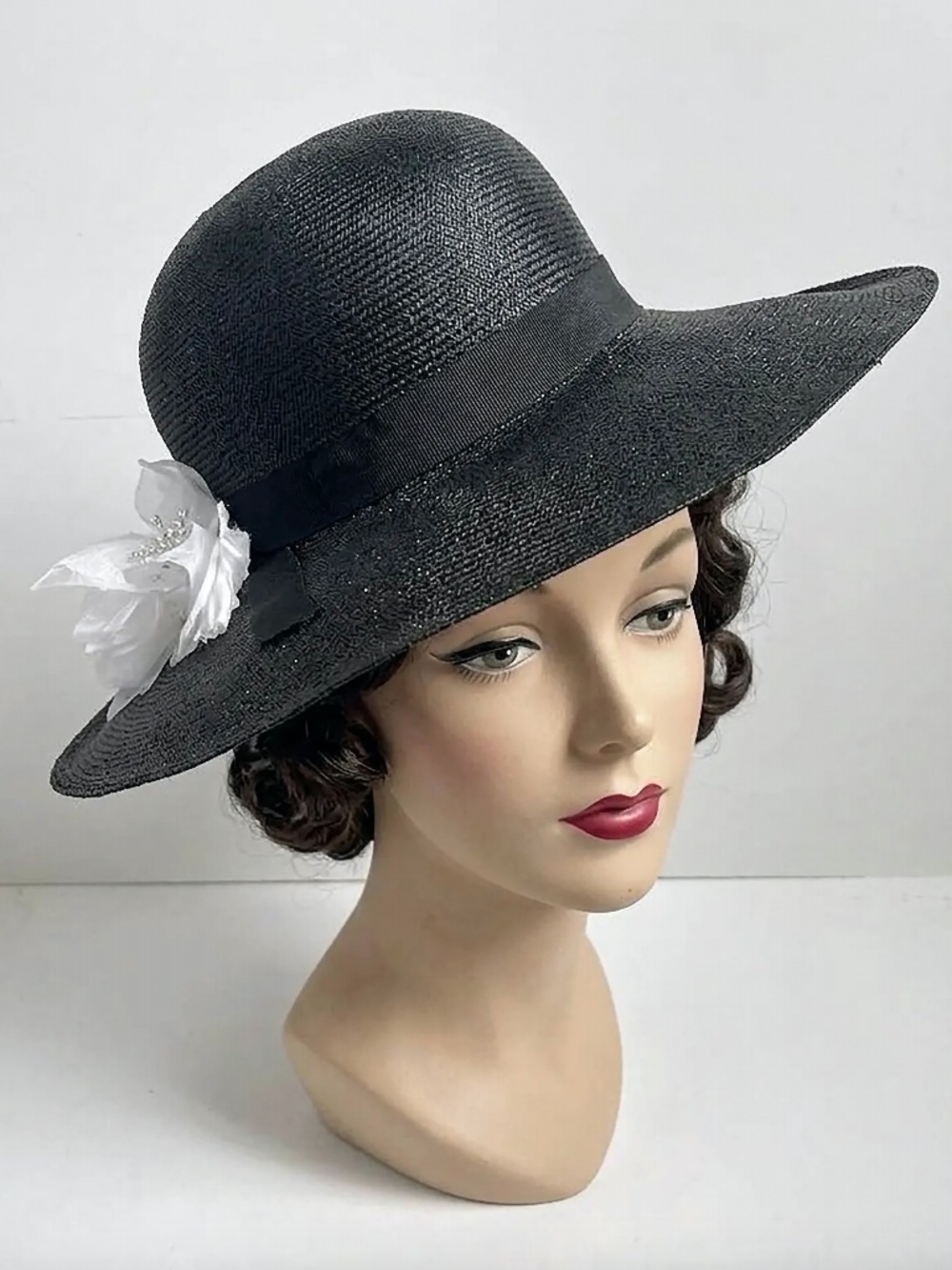 Vintage 1970s Marida Black Straw Wide Brim Hat with Floral Accent.